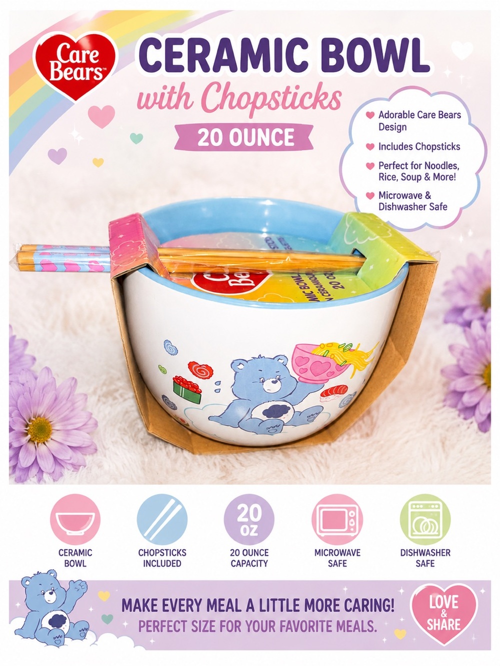 Care Bears Ceramic Bowl with Chopsticks new